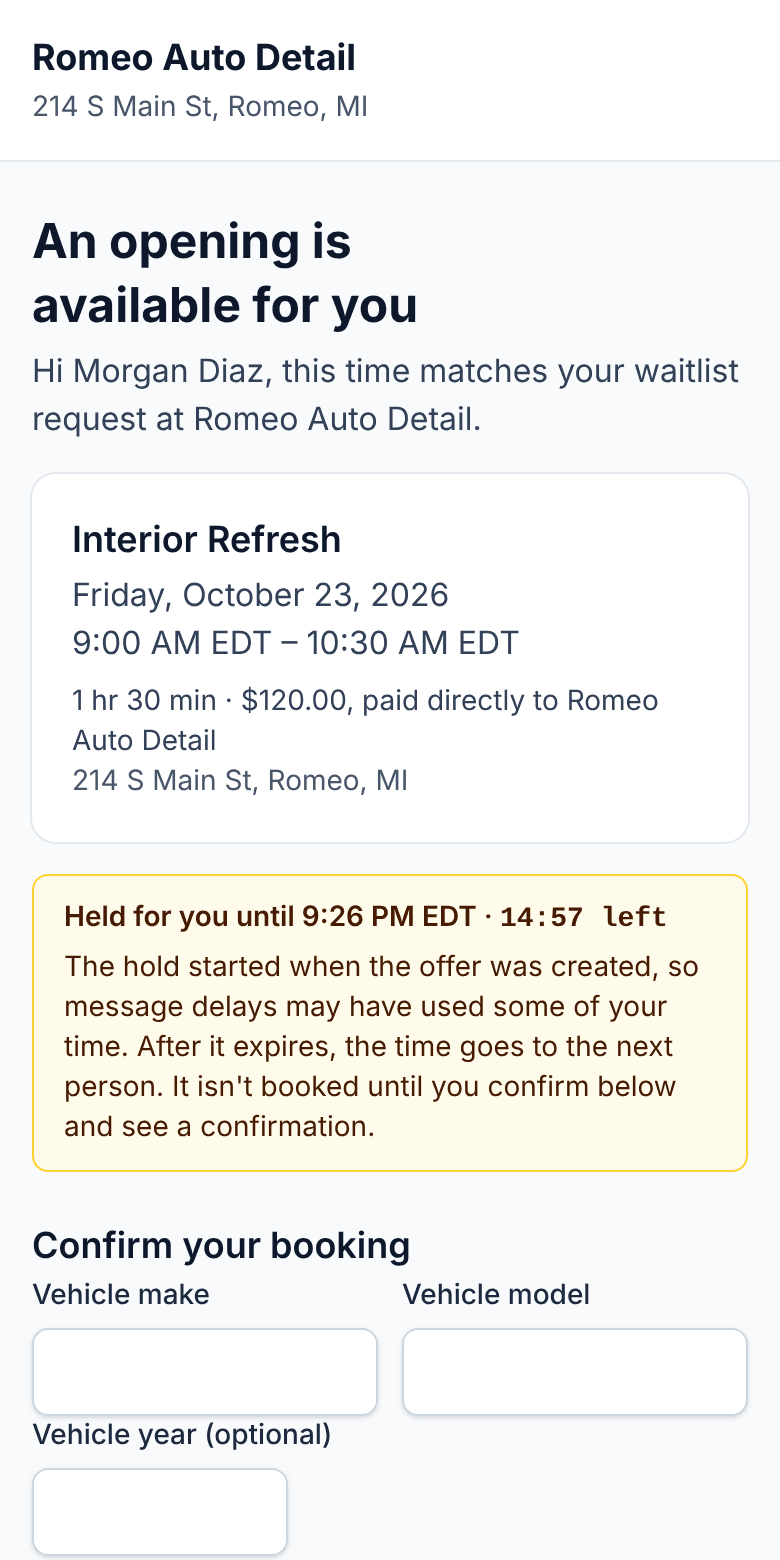 The offer page Morgan sees on their phone: Interior Refresh, Tuesday 9:00 AM, held for 15 minutes.